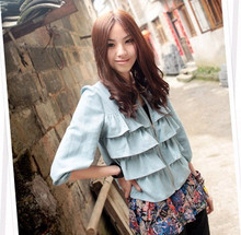 2012春夏新款女装上衣韩版荷叶边蛋糕层七分灯笼袖仿牛仔短款外套