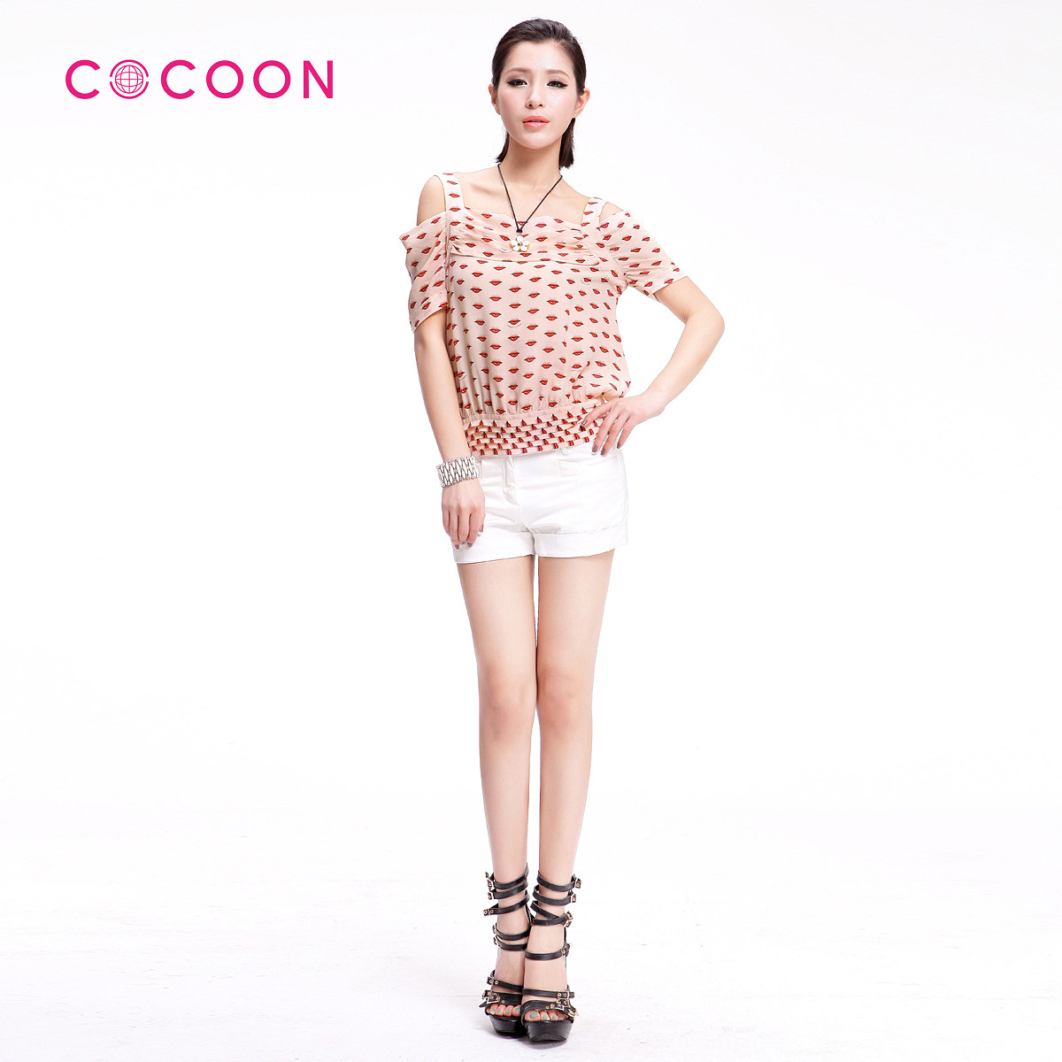 COCOON2012新品真丝红唇露肩吊带短袖上衣312204029原价1099