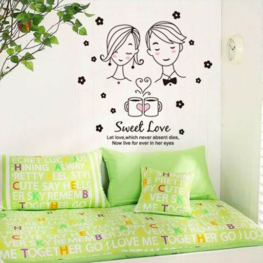 飞之彩 三代可移除情侣新婚房床头沙发背景卡通甜蜜爱情墙贴纸