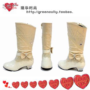  冬季女童靴子 韩版烫钻蝴蝶结高跟鞋高筒二棉儿童靴31-38