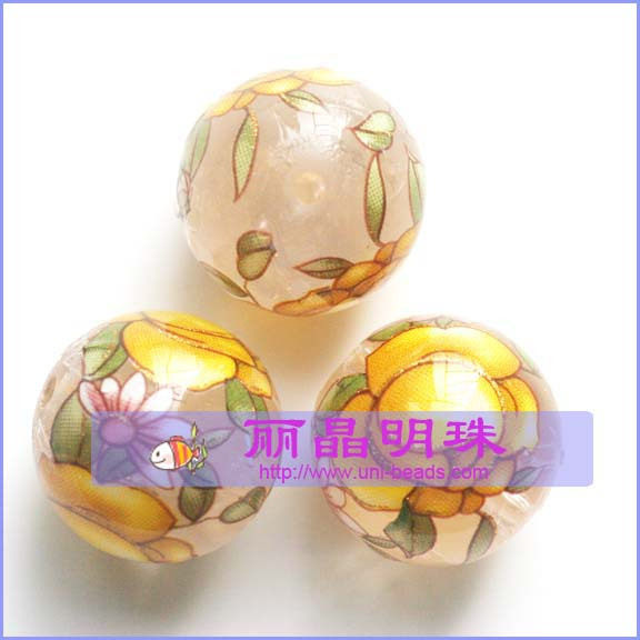 DIY 进口日本彩绘手绘珠 圆珠 12mm 透明底黄玫瑰 9.9元/个