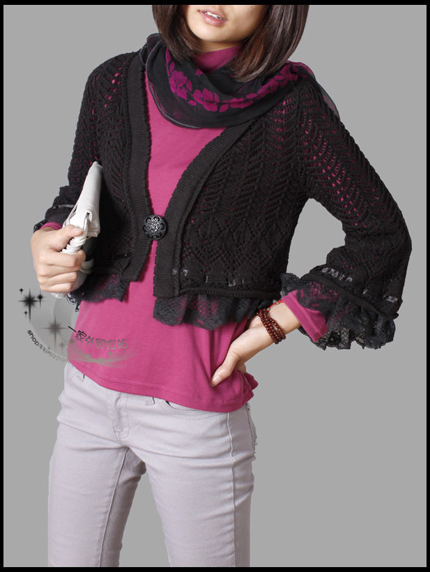 开衫,蕾丝边,镂空,钩花,喇叭袖<em>短款毛衣</em>披肩<em>外套</em>