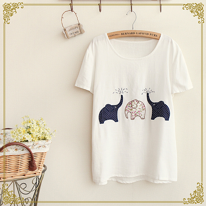 日系森女系 14年夏季 新款女装 小象刺绣 简约棉麻 短袖衬衫 T恤