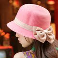 THANTRUE女士帽子 夏天草帽遮阳帽 日系手工蝴蝶结圆顶帽渔夫帽