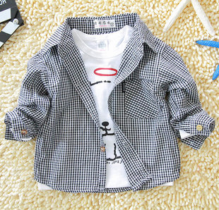  外贸童装宝宝衬衫儿童黑白格子衬衫韩版男童长袖衬衫婴儿纯棉衬衫