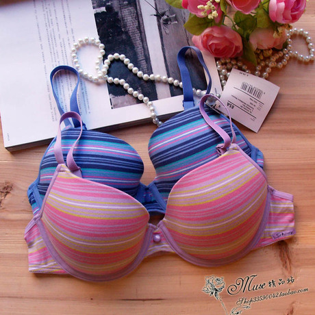 B34外贸内衣彩条纹混搭舒棉薄款<em>文胸</em>70C75C