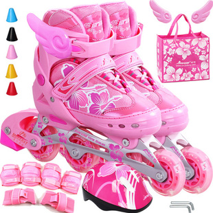 金峰儿童溜冰鞋全套装女童，闪光滑冰鞋可调轮滑鞋，伸缩直排旱冰鞋