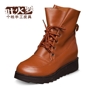  Tokharoi秋冬新款 牛皮机车靴  系带马丁靴 复古骑士靴子 女靴子