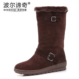  波尔谛奇冬季中筒雪地靴 女 真皮加厚保暖女靴时尚棉鞋2099-1