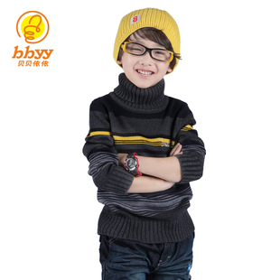  贝贝依依 BBYY 冬季儿童装套头衫 男童毛衣 加厚高领横条纹毛线衫
