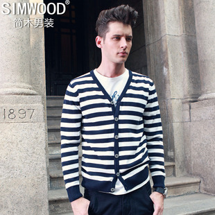  SIMWOOD 秋装 男式海军风条纹纯棉针织衫线衣开衫毛衣外套