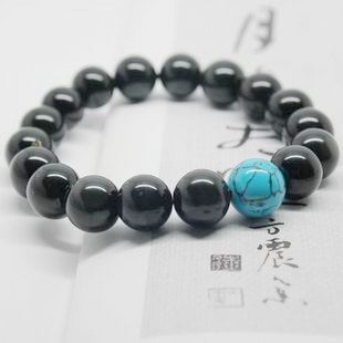  促销 暮光之城-贝拉款 墨西哥天然黑曜石彩虹眼混搭绿松石手链