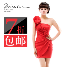 MissIN 斜肩婚纱礼服裙短裙摆 结婚礼服拉链款 新娘敬酒服 M0135
