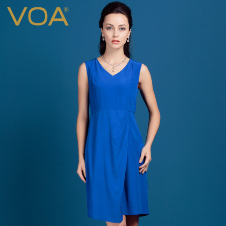 VOA宝蓝色高腰真丝连身裙新品V领桑蚕丝背带连衣裙女A0365商品大图