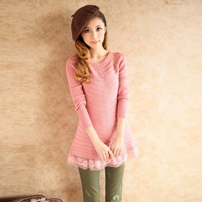 韩版蕾丝套头中长款...