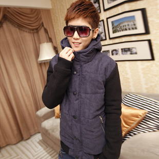  秋冬装男装外套新款加厚林弯弯拼接修身潮流韩版短款棉袄连帽棉衣