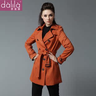  泰莲娜秋冬新款双排扣经典英伦撞色镶边中长款风衣女外套