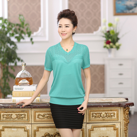 仟姿羊 2014夏季新款中老年款短袖衫 桑蚕丝镂
