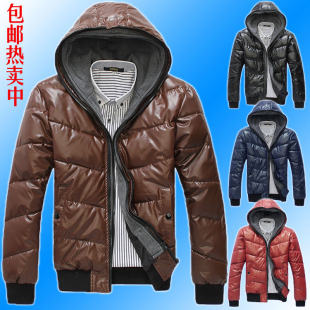  【爱购】男装PU新款男士羽绒棉服男式保暖外套潮男棉衣防水双帽