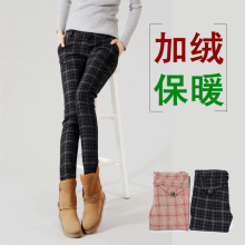 春冬装新款韩版加厚加绒哈伦裤 女 小脚铅笔裤格子裤子大码棉裤