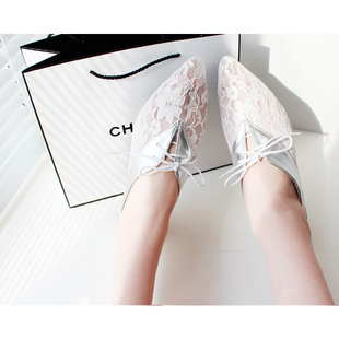  SweetMumu 韩版 透明蕾丝款 尖头女鞋 单鞋平底 复古平跟婚鞋