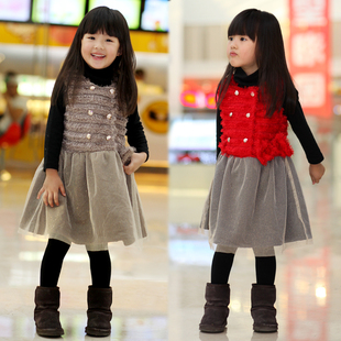  女童秋冬款马甲儿童背心裙加雪花绒连衣裙童装女宝宝裙子H24