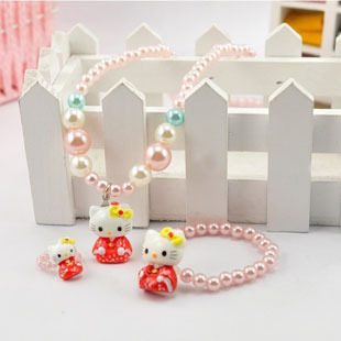  正版 可爱hellokitty 红色凯蒂猫 儿童彩珠串珍珠项链手链戒指套