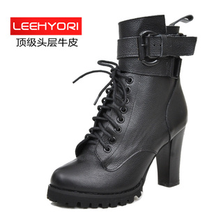  leehyori粗跟 机车靴子 厚底 马丁靴 冬季女鞋 真皮靴 女高跟短靴