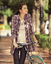 2012春新品女装森林系休闲日单双层棉纱棉布长袖格子长款女衬衫衣