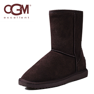  CGM雪地靴女子真皮靴子中筒靴牛筋底防水牛皮保暖鞋靴清仓冬女鞋