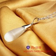 猫眼石925纯银项链女短款锁骨，链夸张韩版银饰品，水滴吊坠生日礼物