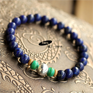 PAPA出品 完美帝王青色 6.5MM青金石手链 纯银 绿松石 完美混搭