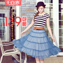 千百惠2012夏女装新款公主短袖百褶波西米亚条纹拼接雪纺连衣裙