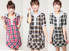 2012夏季新款甜美可爱少女高中学生装套头格子短袖长卫衣半袖外套
