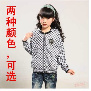  女童夹克中大童带帽夹克新款韩版斜方格童装儿童外套卫衣夹克