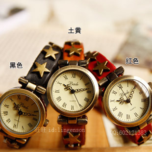  朋克五角星柳钉牛皮手表/女士真皮手表/复古手表/饰品女表/时装表