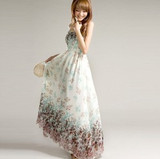 2012新款 ，米亚风 树叶花纹长款雪纺吊带连衣裙