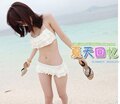 09新 韩版可爱比基尼性感分体泳衣 象牙白三层荷叶边9001