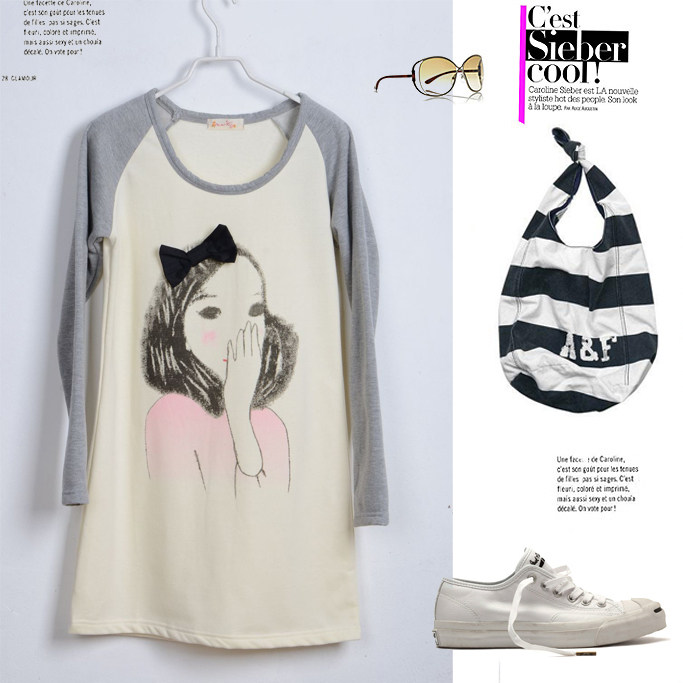 [<span class=H>ON</span><span class=H>LY</span> STYLE]2012春装新款原单女装黑色蝴蝶结女孩长款加绒T恤