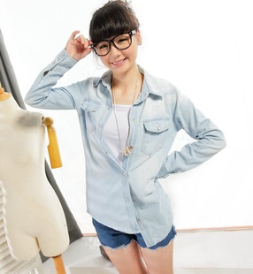  春装新品浅色珍珠扣长袖女款牛仔衬衣衬衫有大码牛仔衬衫 女 长袖