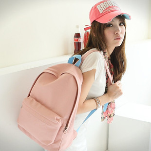  新款韩版时尚初中高中学生书包粉红纯色休闲双肩背包女式书包