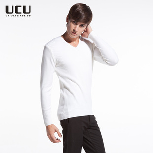  UCU休闲打底修身男装V领白色毛衣针织衫男士春装韩版黑色毛衫