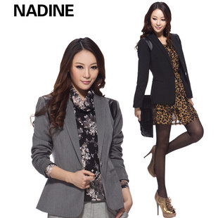  Nadine 春装新品 韩版PU皮拼接肩OL潮女士一粒扣小西装短外套