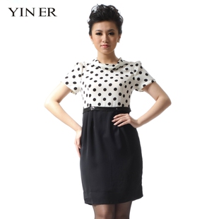 YINER音儿影儿 专柜正品春夏款黑白拼接圆点OL连衣裙80205840