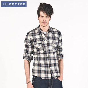  lilbetter冬新款英伦学院蓝格拼接休闲男士衬衫长袖衬衣韩版潮