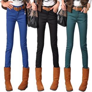  乐库优糖果色打底加厚加绒小脚铅笔休闲裤保暖色裤女裤子棉裤