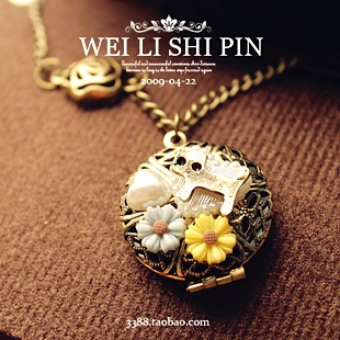  [D349]欧美外贸饰品 复古镂空像盒 可爱雏菊猫咪项链毛衣链