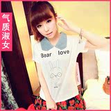 韩版女装2012新款夏装牛仔娃娃领清新卡通兔印花短袖T恤T886夏季