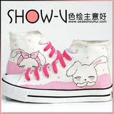 2012/新款/中帮/帆布鞋/可爱/手绘鞋/女/厚底/单鞋/粉色/涂鸦鞋