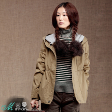 INMAN茵曼2012春装新款纯棉中长款连帽风衣外套女厚款F510